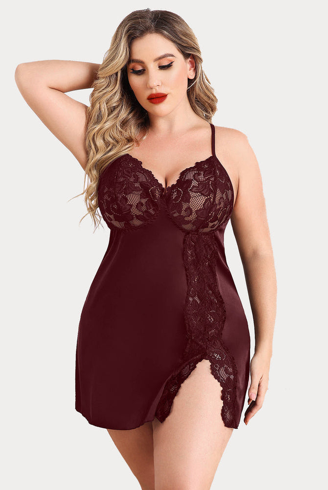 Burgundy plus size satin chemise with lace cups, side slit and adjustable straps.