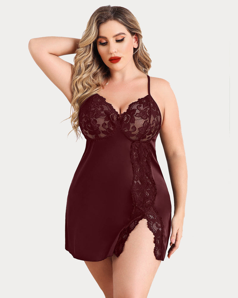 Plus Size Burgundy Satin Nightgown with Lace Trim and Side Slit
