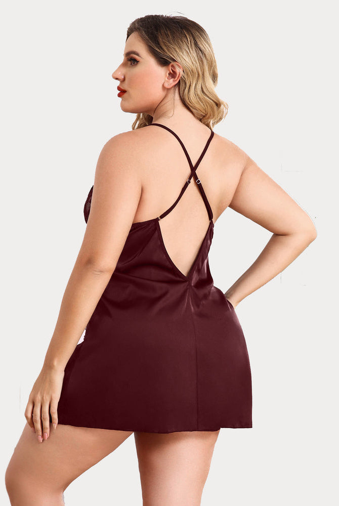 Plus Size burgundy satin nightgown with adjustable straps and low back design.