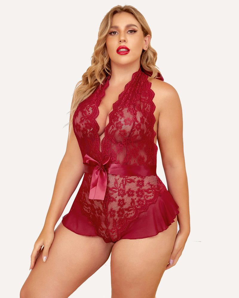 Plus Size Burgundy Halter Lace Bodysuit with Satin Bow - Sexy Lingerie