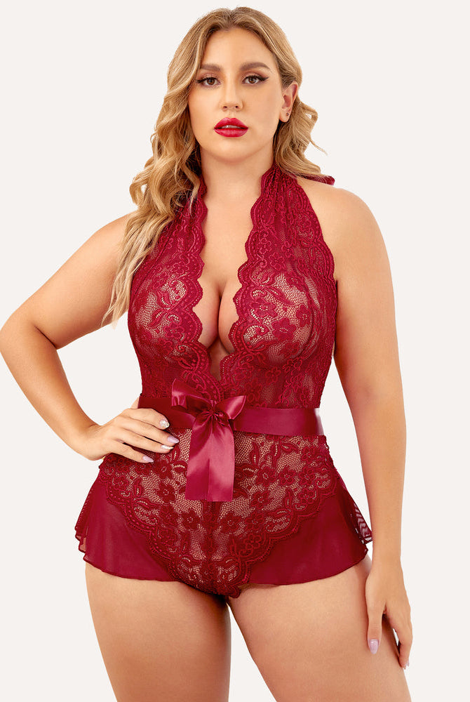 Plus Size Burgundy Halter Lace Bodysuit with Satin Bow and Floral Detailing