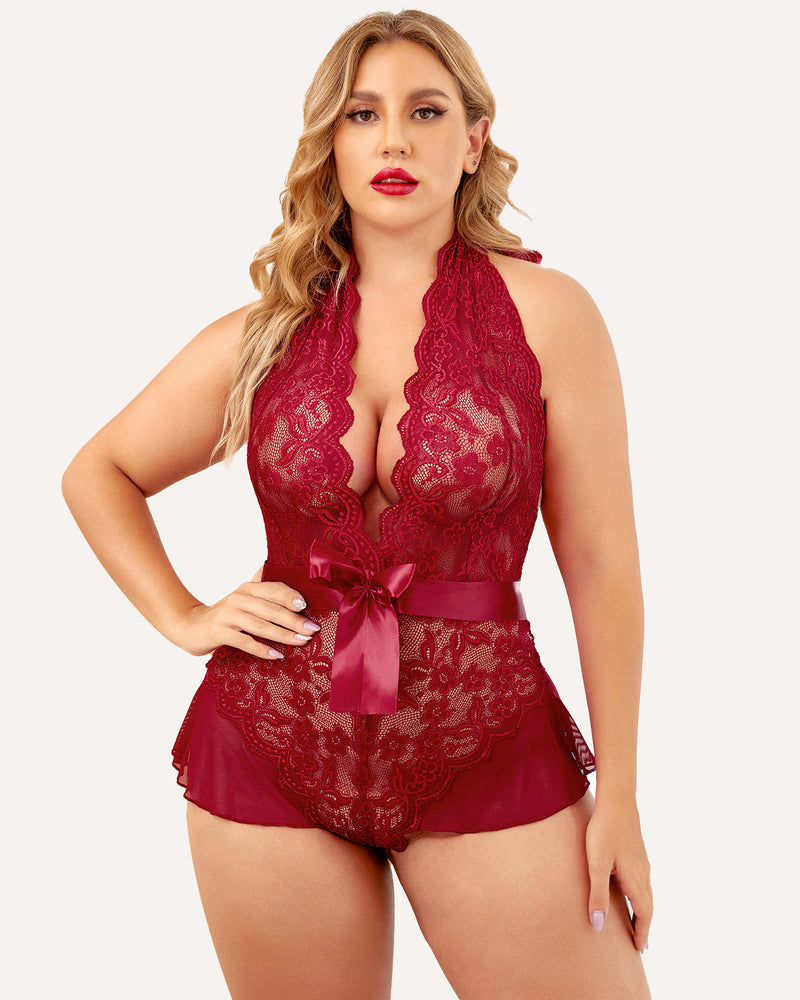 Plus Size Burgundy Halter Lace Bodysuit with Satin Bow and Floral Detailing