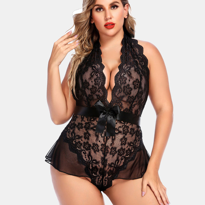 Plus Size Black Halter Lace Bodysuit with Floral Lace and Satin Bow