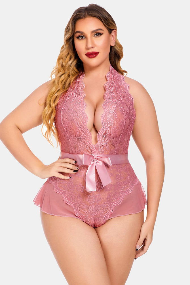 Plus Size Dusty Rose Halter Bodysuit with Lace and Satin Bow Detailing - Avidlove Lingerie