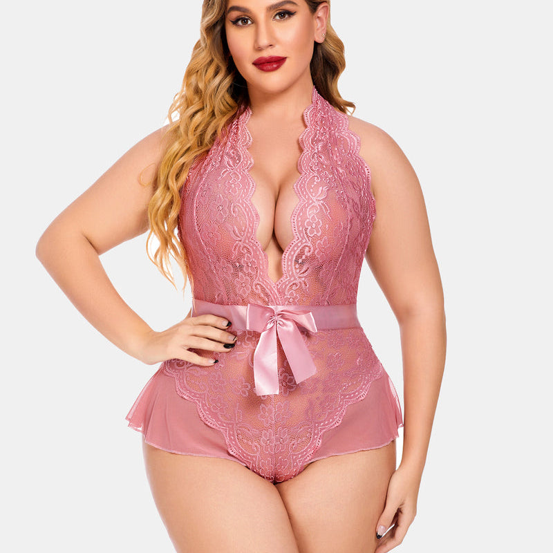Plus Size Dusty Rose Halter Bodysuit with Lace and Satin Bow Detailing - Avidlove Lingerie