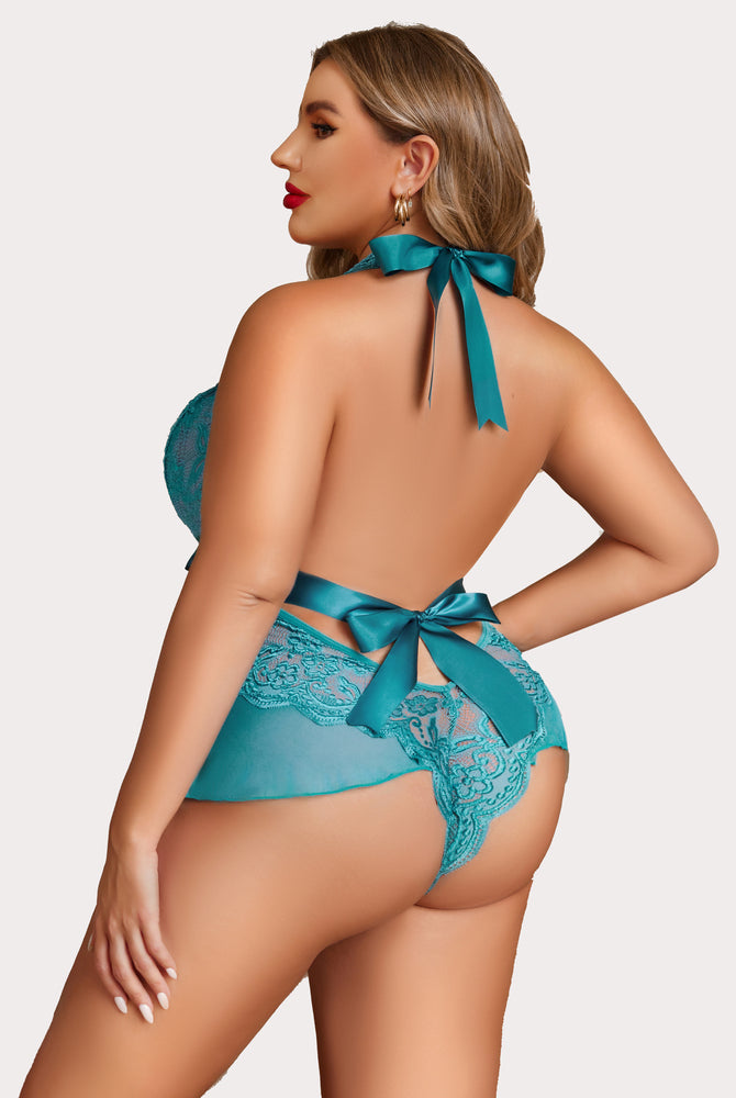 Plus size teal halter lace bodysuit with satin bow detailing, flattering fit, and floral lace.