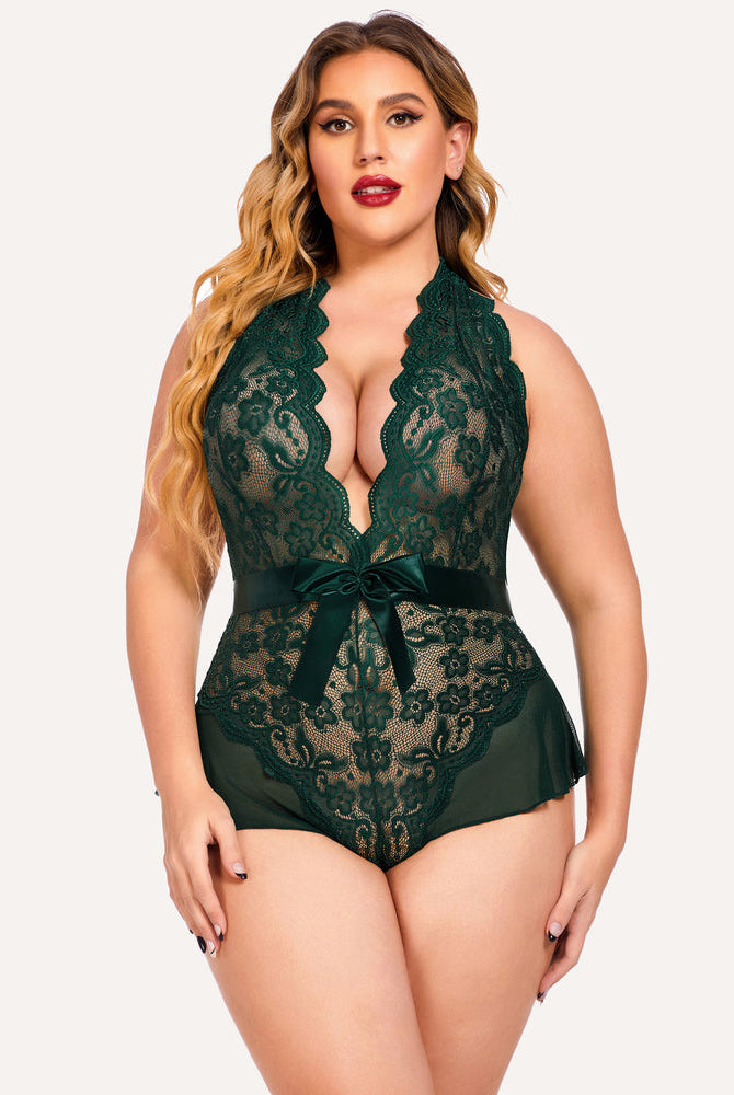 Plus Size Green Halter Lace Bodysuit with Satin Bow and Floral Lace Detailing