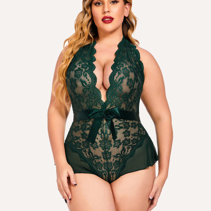 Plus Size Green Halter Lace Bodysuit with Satin Bow and Floral Lace Detailing