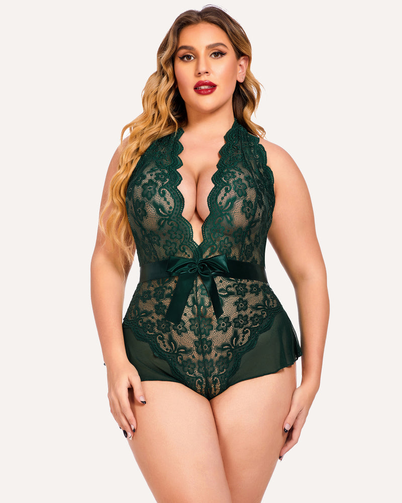Plus Size Green Halter Lace Bodysuit with Satin Bow and Floral Lace Detailing