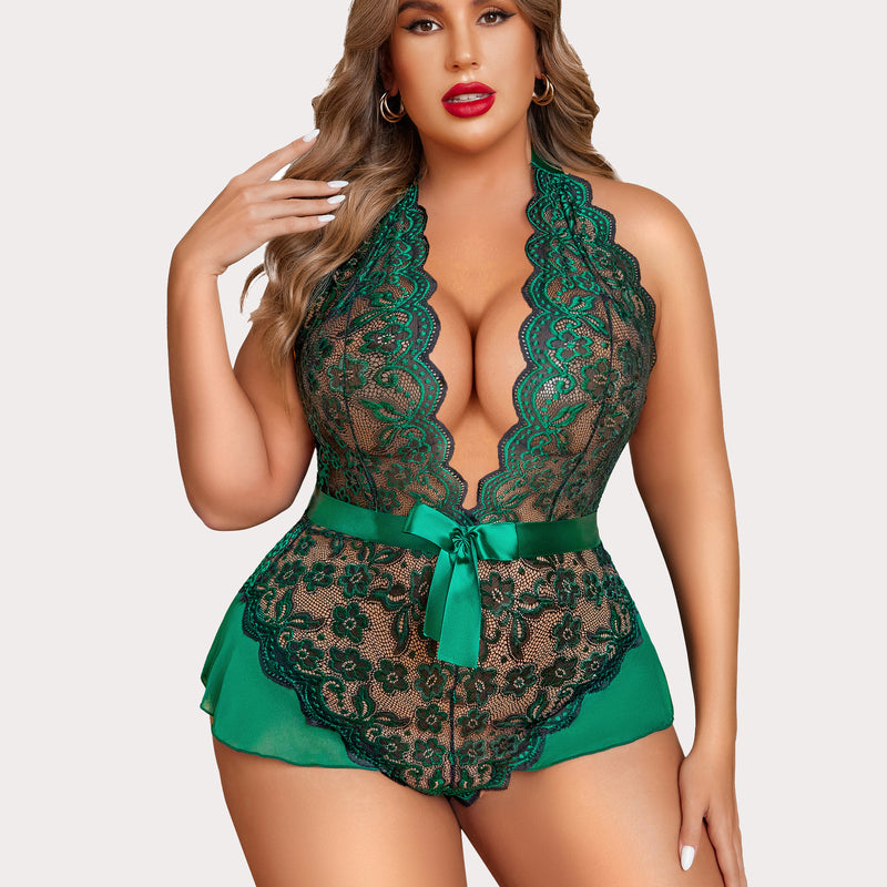 Green plus size halter lace bodysuit with satin bow and floral detailing.
