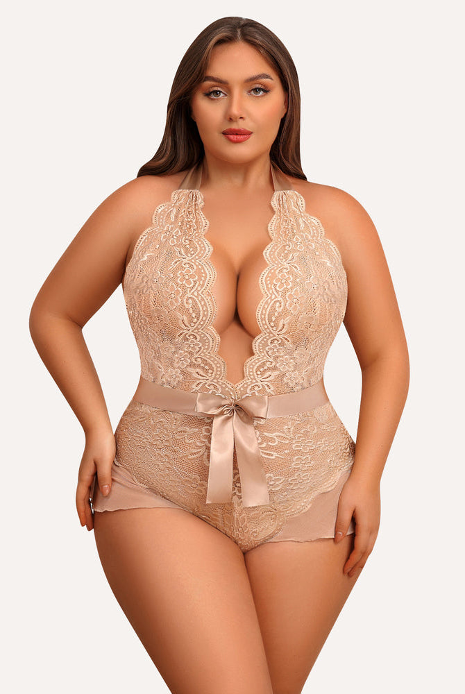 Plus Size Beige Halter Bodysuit with Lace, Satin Bow, and Flattering Fit