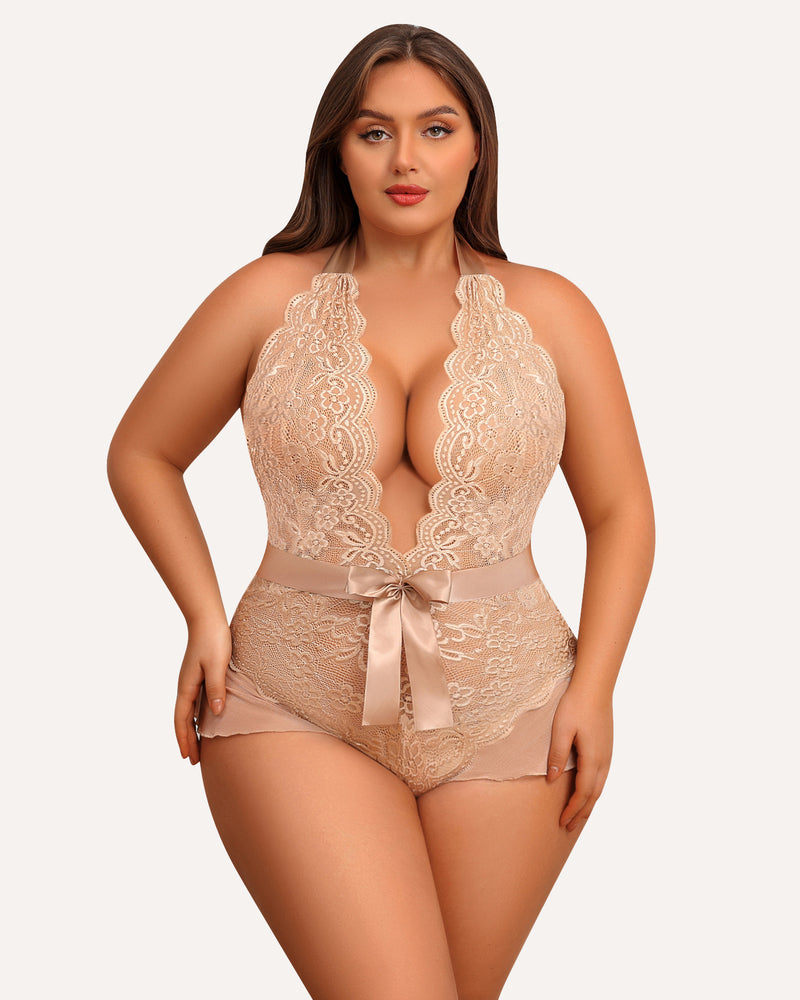 Plus Size Beige Halter Bodysuit with Lace, Satin Bow, and Flattering Fit