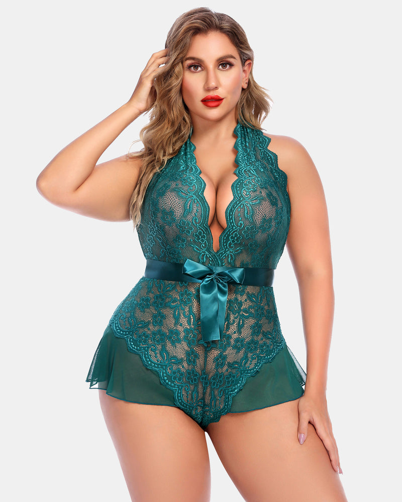 Plus Size Teal Halter Lace Bodysuit with Satin Bow Detailing and flattering fit