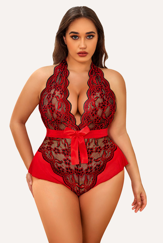 Plus Size Red Halter Lace Bodysuit with Black Floral Lace and Satin Bow