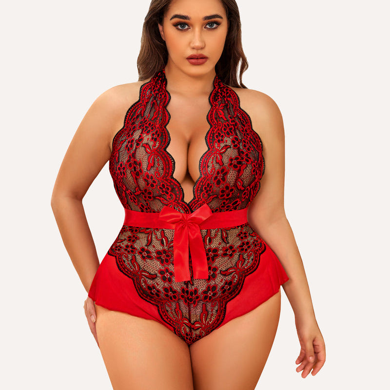 Plus Size Red Halter Lace Bodysuit with Black Floral Lace and Satin Bow