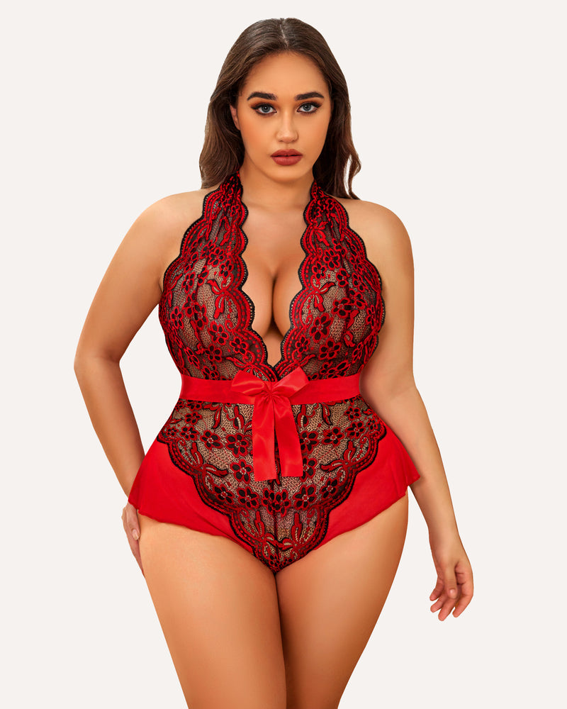 Plus Size Red Halter Lace Bodysuit with Black Floral Lace and Satin Bow