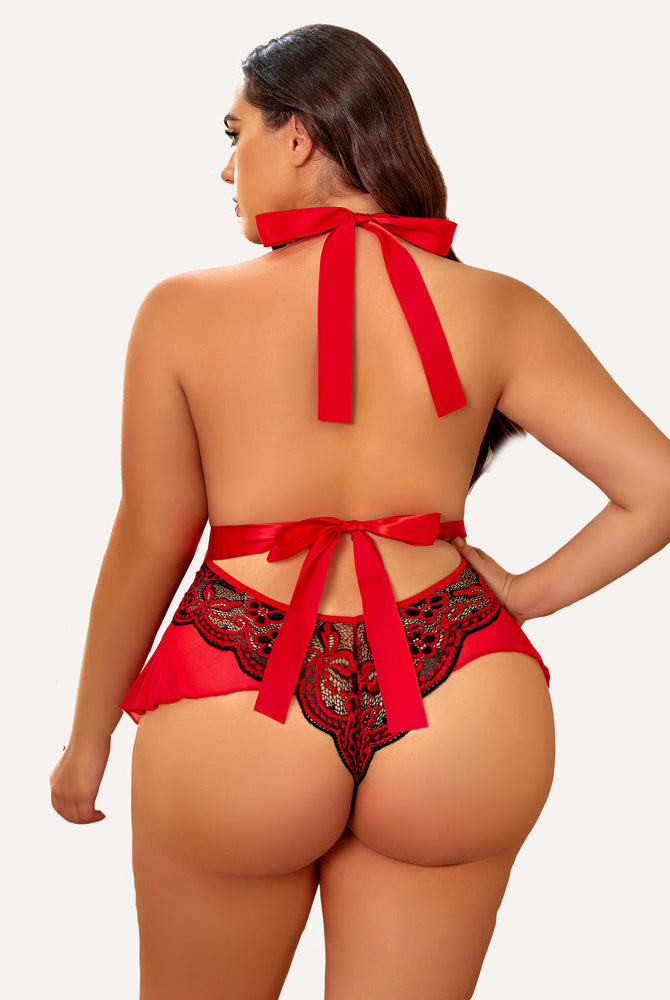 Plus Size Red Halter Bodysuit with Floral Lace Detailing and Satin Bow - Sexy Lingerie