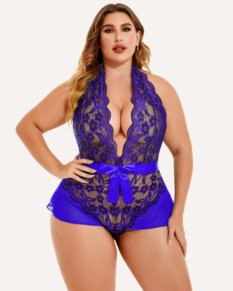 Plus Size Halter Lace Bodysuit in Blue with Floral Lace Detailing