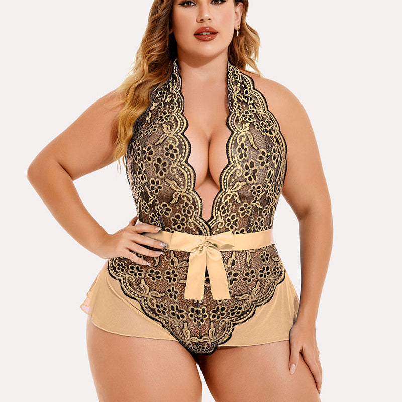 Plus Size Halter Lace Bodysuit in Beige with Floral Detailing and Satin Bow