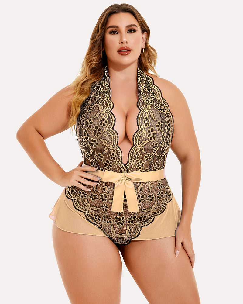 Plus Size Halter Lace Bodysuit in Beige with Floral Detailing and Satin Bow