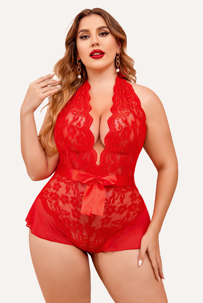 Plus Size Red Halter Lace Bodysuit with Satin Bow. Sexy Lingerie with Floral Lace. Flattering fit.