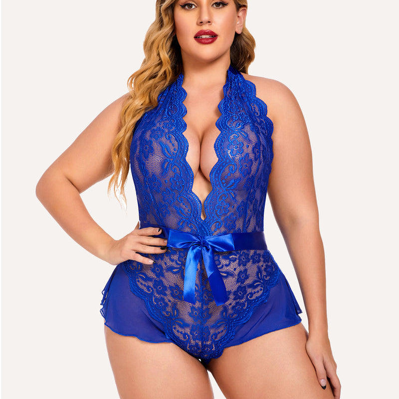 Plus size blue halter lace bodysuit, satin bow, floral detailing. Flattering, elegant fit.