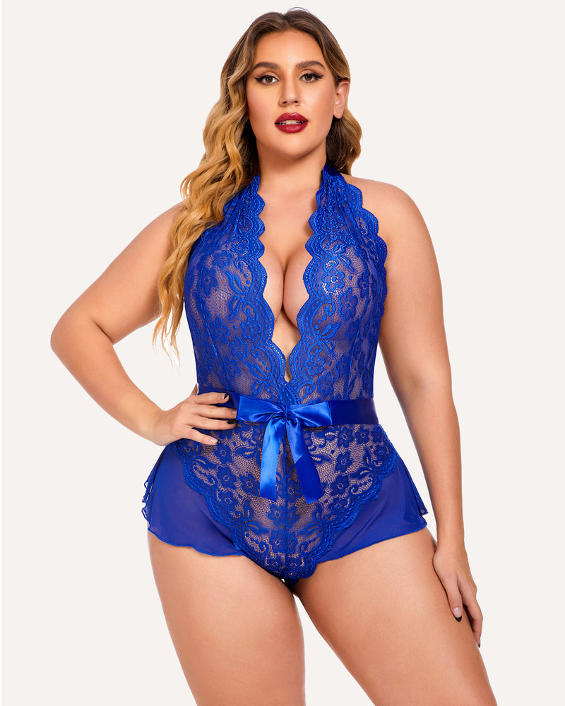 Plus size blue halter lace bodysuit, satin bow, floral detailing. Flattering, elegant fit.