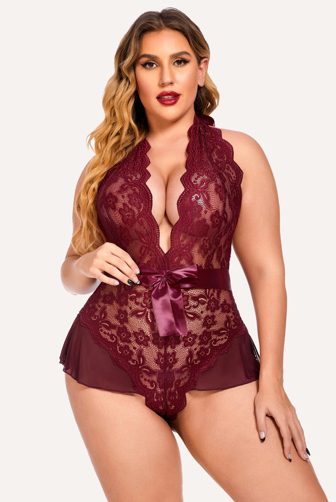 Plus size burgundy halter lace bodysuit with satin bow and floral detailing, flattering lingerie