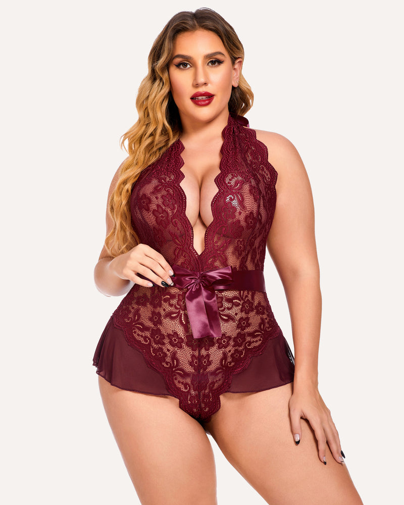 Plus size burgundy halter lace bodysuit with satin bow and floral detailing, flattering lingerie