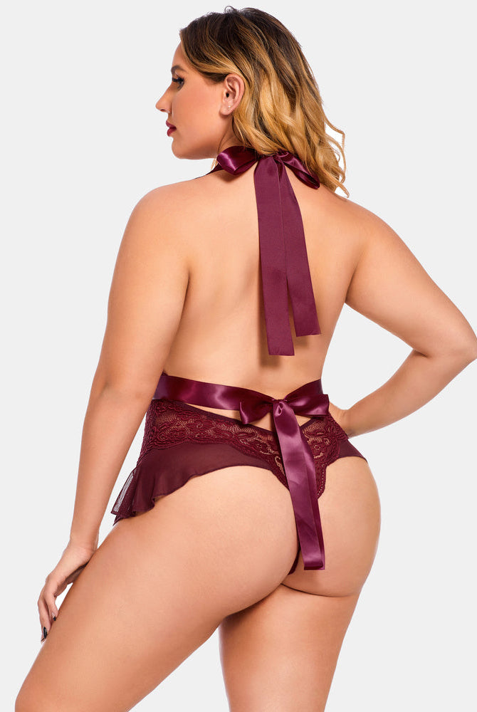 Plus Size Burgundy Halter Lace Bodysuit with Satin Bow, flattering fit and floral lace details