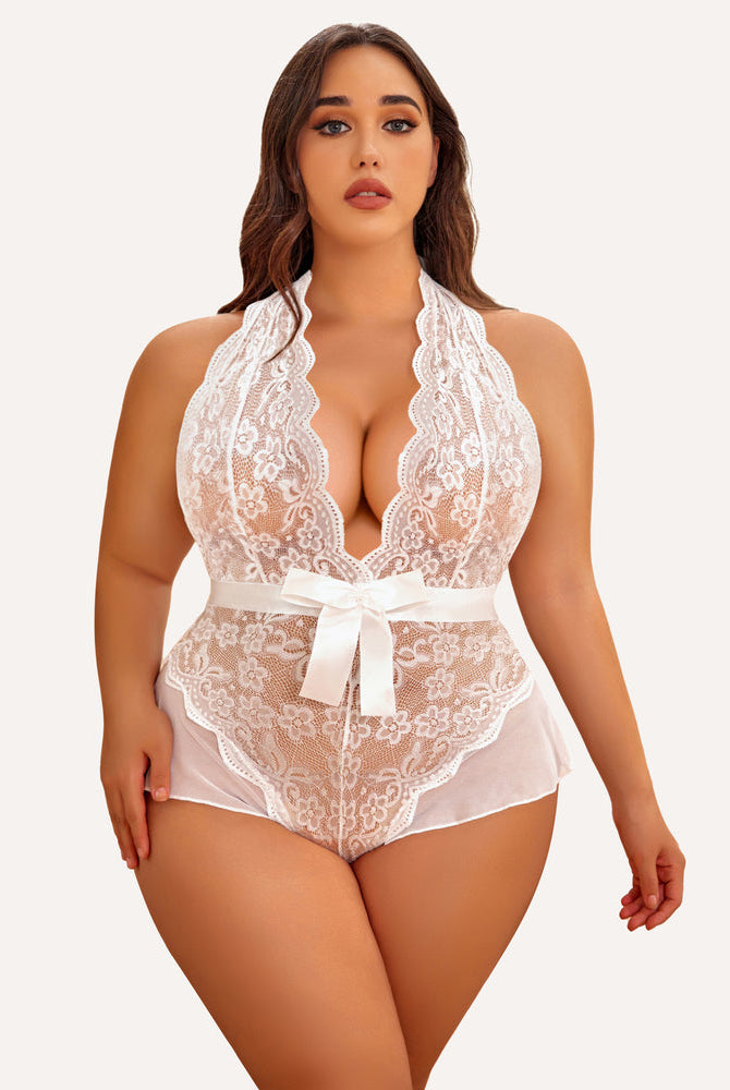 Plus Size White Halter Lace Bodysuit with Satin Bow, Floral Lace Detailing, and Deep V-Neck