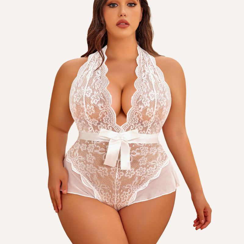 Plus Size White Halter Lace Bodysuit with Satin Bow, Floral Lace Detailing, and Deep V-Neck