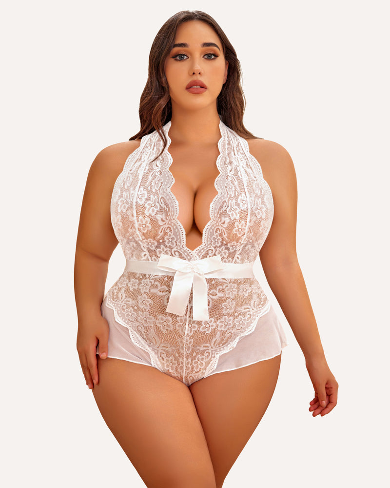 Plus Size White Halter Lace Bodysuit with Satin Bow, Floral Lace Detailing, and Deep V-Neck