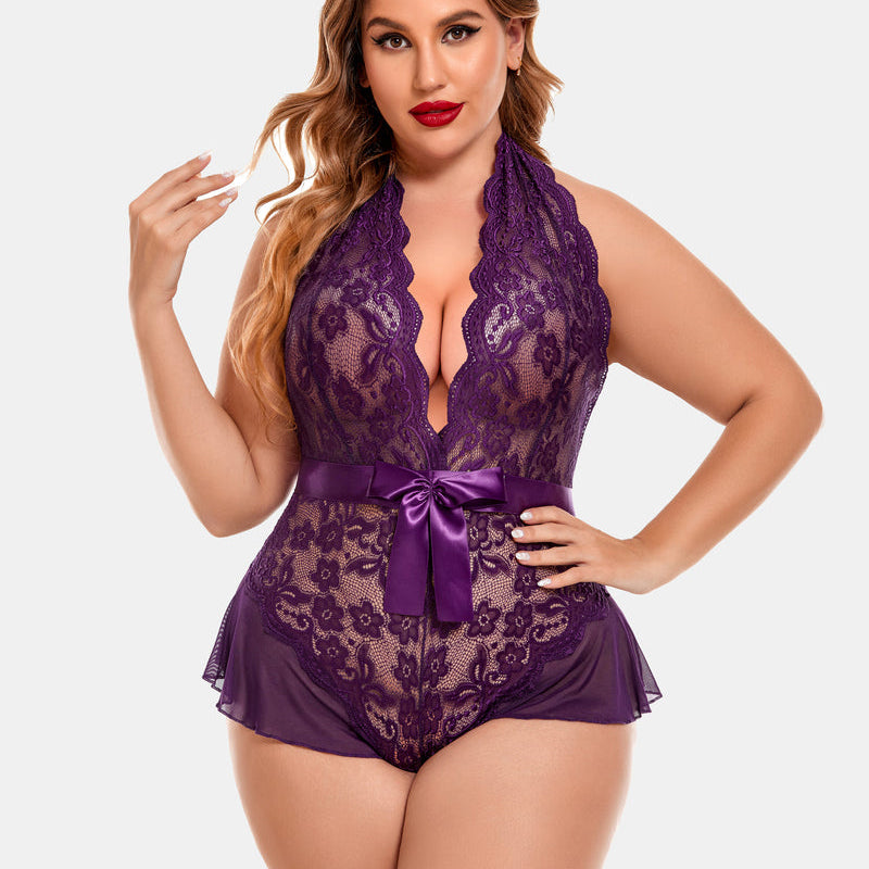 Plus Size Purple Halter Lace Bodysuit with Satin Bow and Floral Lace Detailing - Avidlove Lingerie