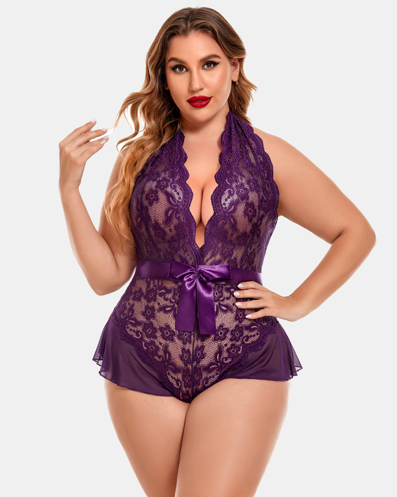 Plus Size Purple Halter Lace Bodysuit with Satin Bow and Floral Lace Detailing - Avidlove Lingerie