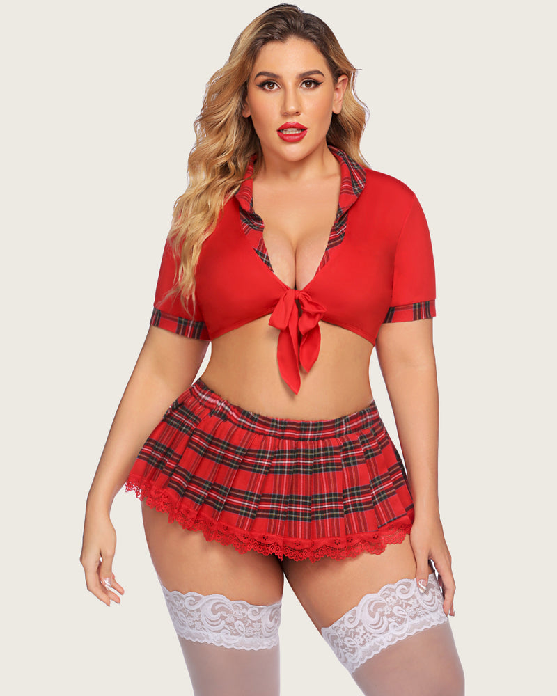 Plus size schoolgirl lingerie set: red tie top and plaid skirt with lace, charming.