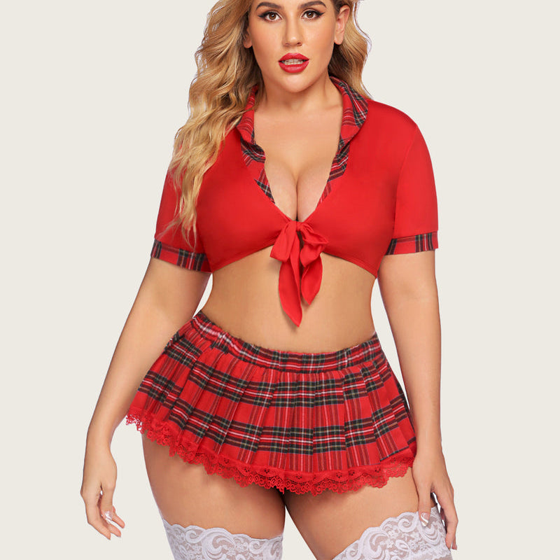 Plus size schoolgirl lingerie set: Red tie top and plaid skirt with lace trim.