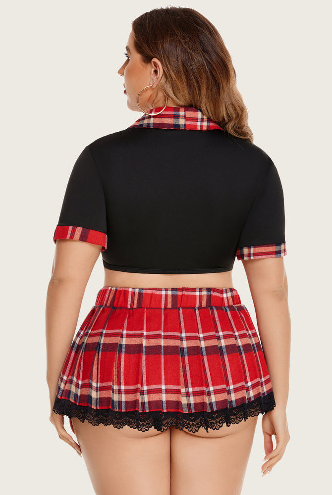 Plus size schoolgirl lingerie set: black tie top and red plaid skirt with lace trim, charming.