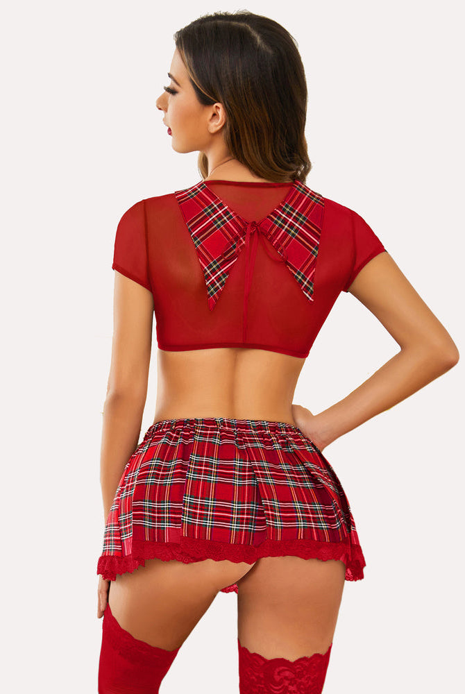 Avidlove red mesh top and plaid skirt roleplay lingerie set, sexy schoolgirl outfit