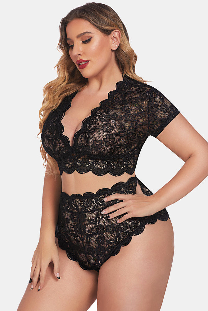 Plus size black floral lace lingerie set with deep V bra and high-waisted shorts