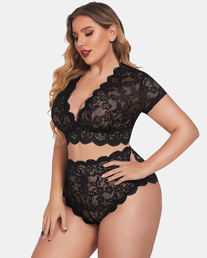 Plus size black floral lace lingerie set with deep V bra and high-waisted shorts