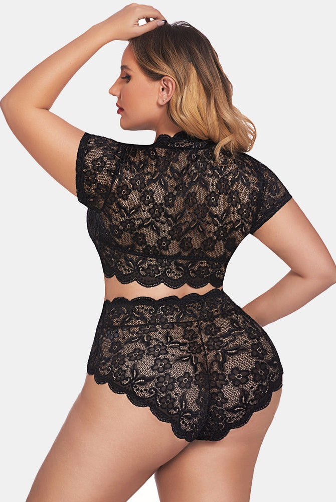 Plus Size Black Lace Lingerie Set - Floral lace top and high-waisted shorts