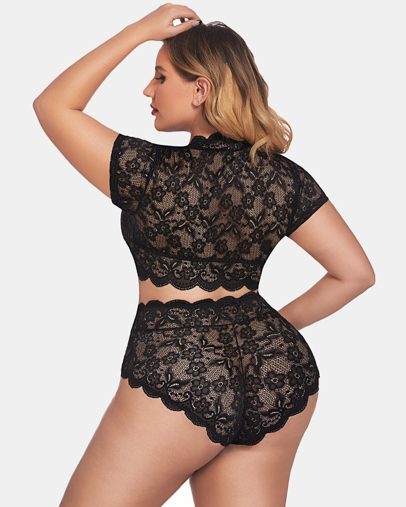 Plus Size Black Lace Lingerie Set - Floral lace top and high-waisted shorts