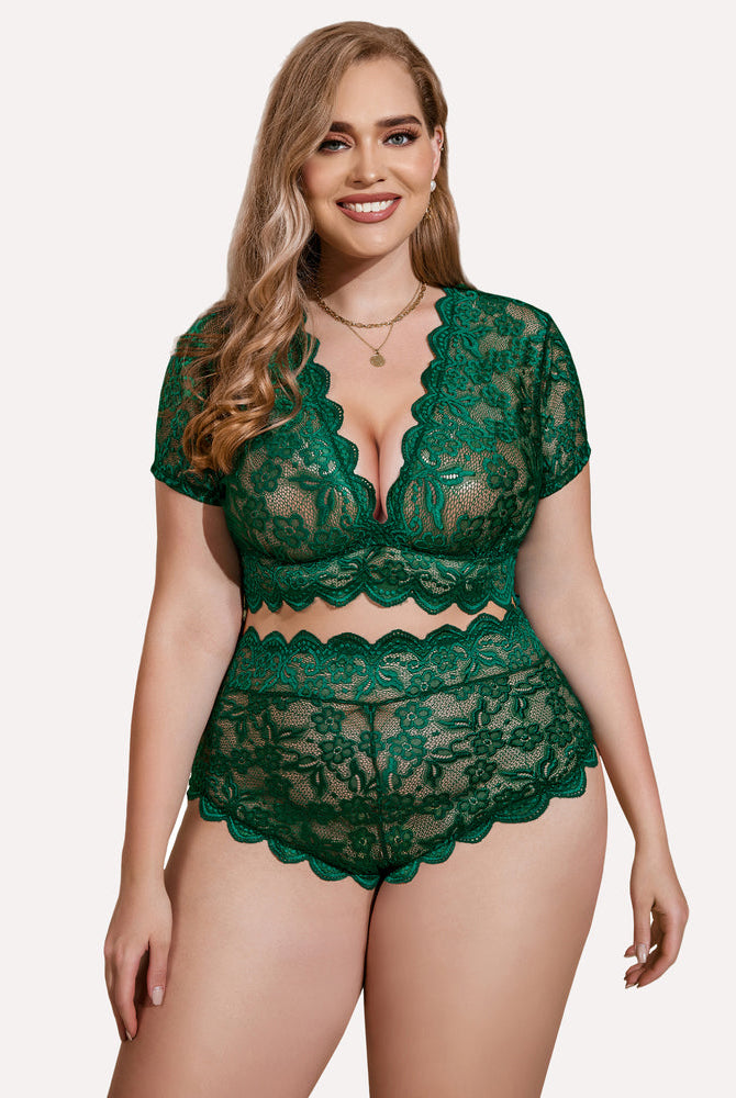 Plus Size Floral Lace Trim Set in Green - Deep V bra and high-waisted shorts