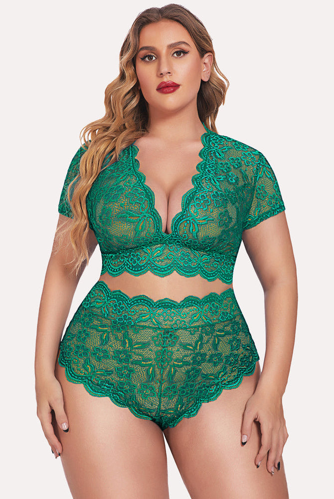 Plus Size Green Floral Lace Lingerie Set - Deep V bra with high-waisted shorts, floral lace trim