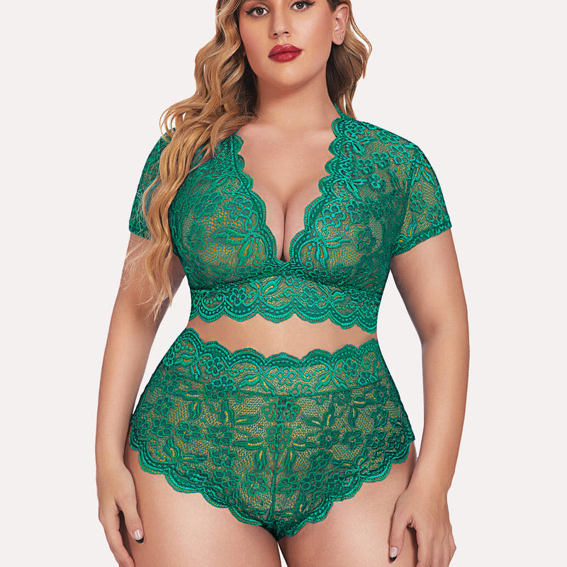 Plus Size Green Floral Lace Lingerie Set - Deep V bra with high-waisted shorts, floral lace trim