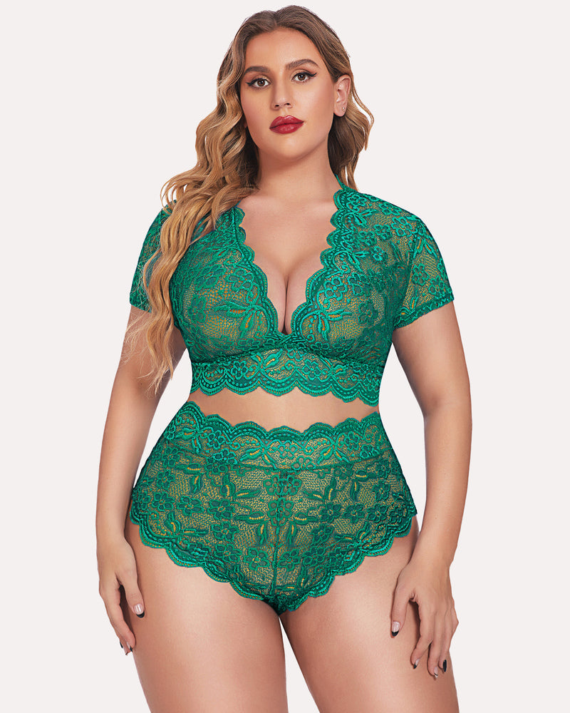 Plus Size Green Floral Lace Lingerie Set - Deep V bra with high-waisted shorts, floral lace trim