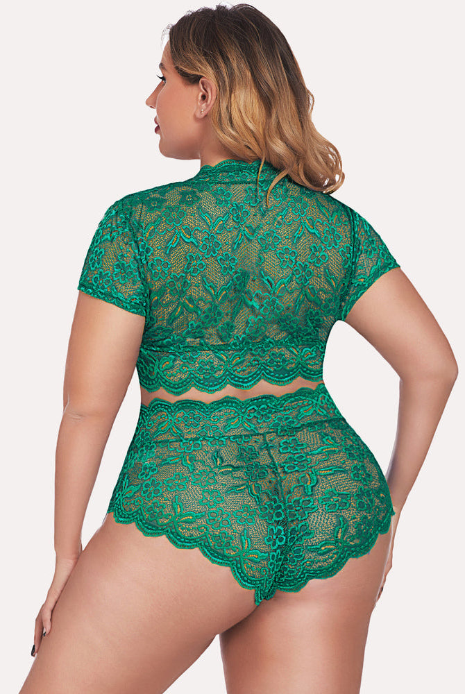 Plus Size Green Floral Lace Lingerie Set: Short sleeve top and high-waisted shorts with scallop trim