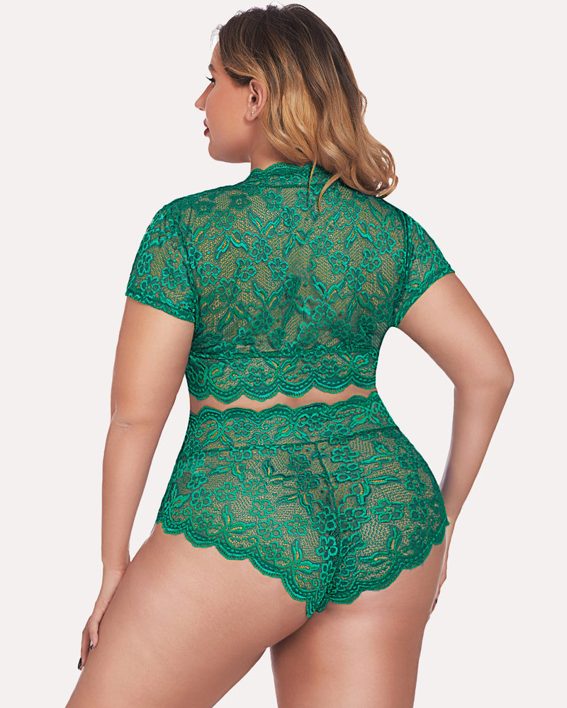 Plus Size Green Floral Lace Lingerie Set: Short sleeve top and high-waisted shorts with scallop trim