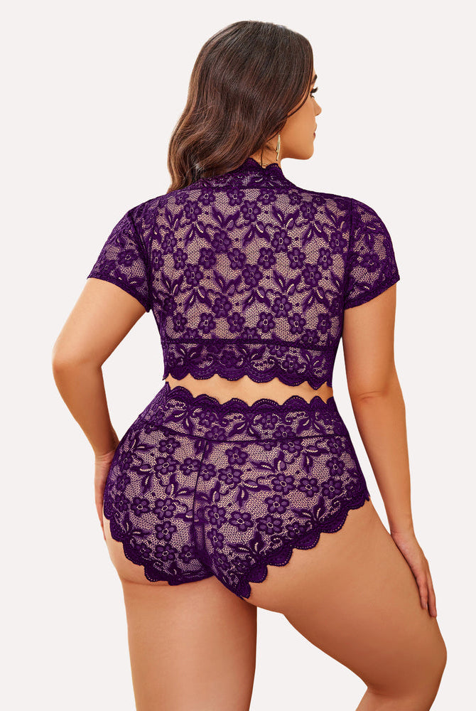 Plus Size Purple Floral Lace Lingerie Set with Short Sleeve Top and High-Waisted Shorts